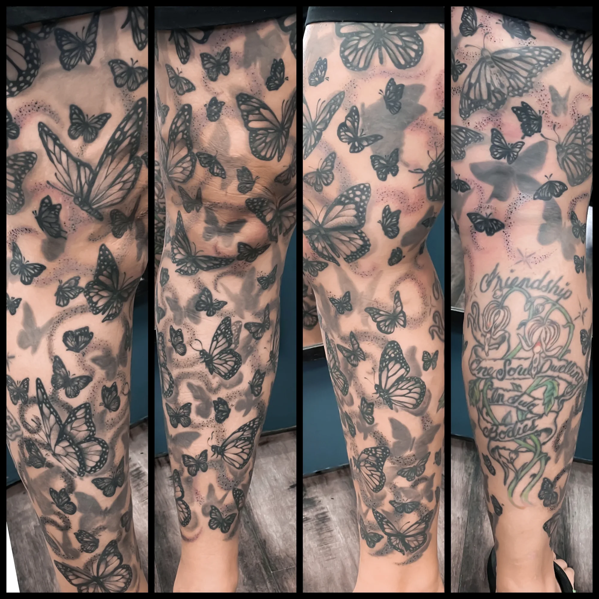 Healed black and grey butterfly leg sleeve tattoo by Nate at Village Tattoo Company