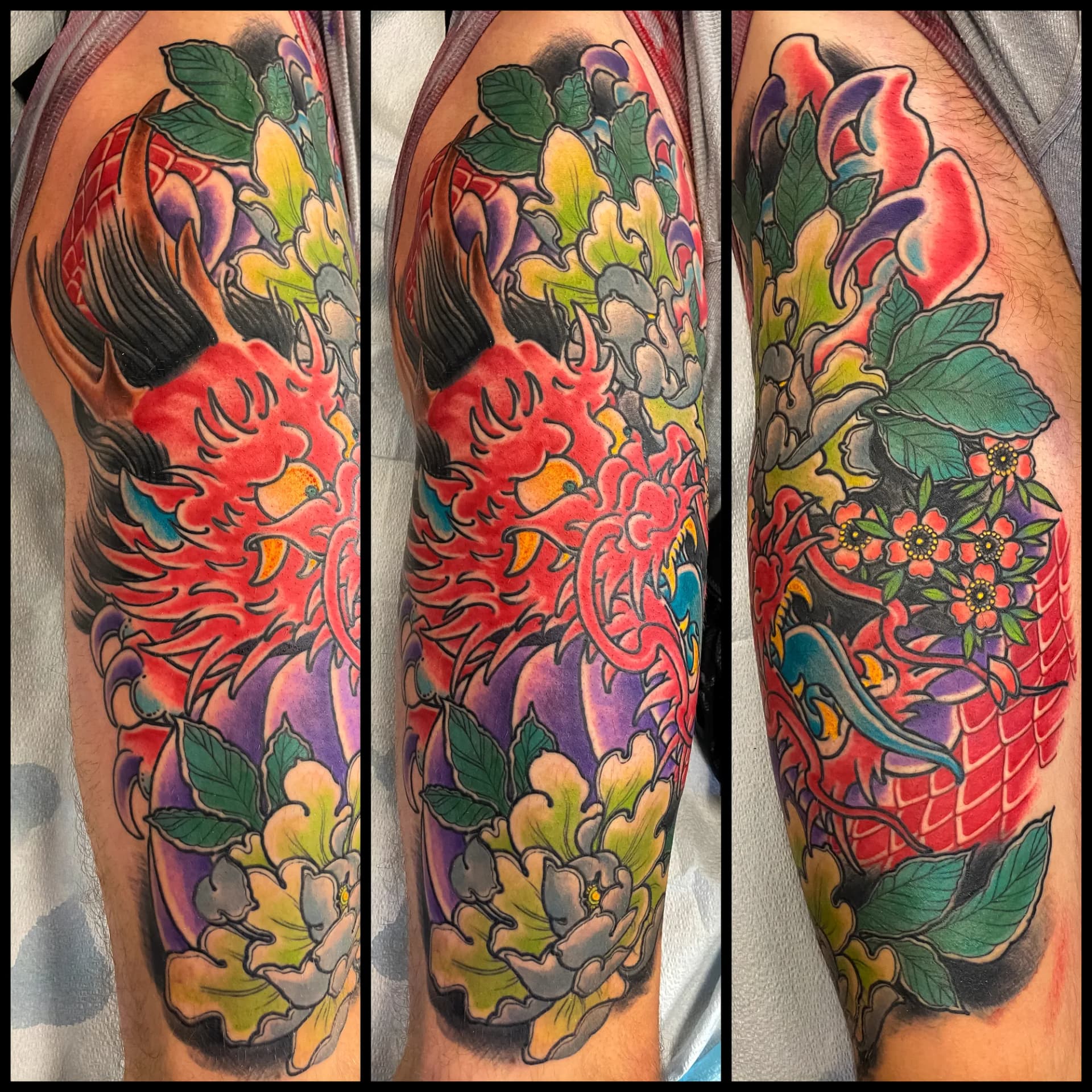 Japanese dragon and green peonies colour sleeve tattoo by Nate at Village Tattoo Company London Ontario